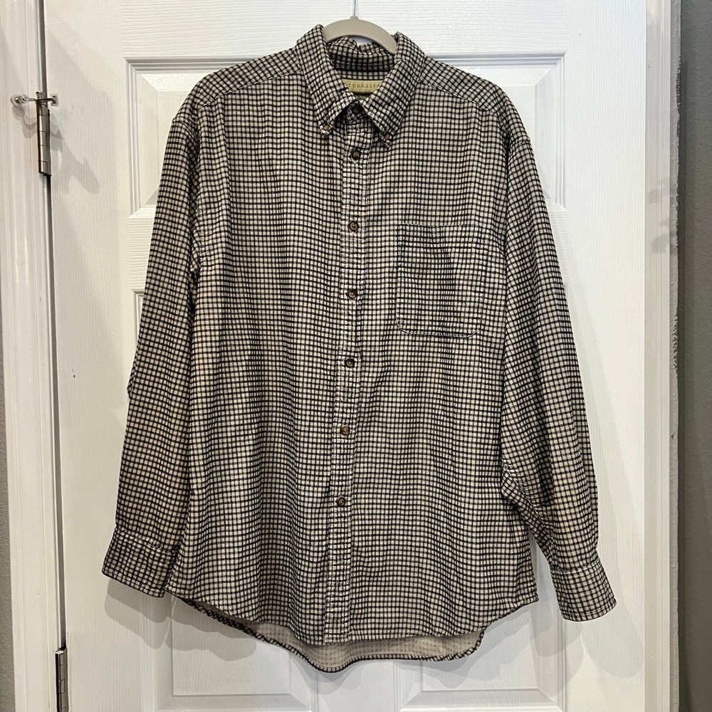 Naturalife Button Down Shirt 100% Cotton Corduroy Gorpcore L Tan Black Check